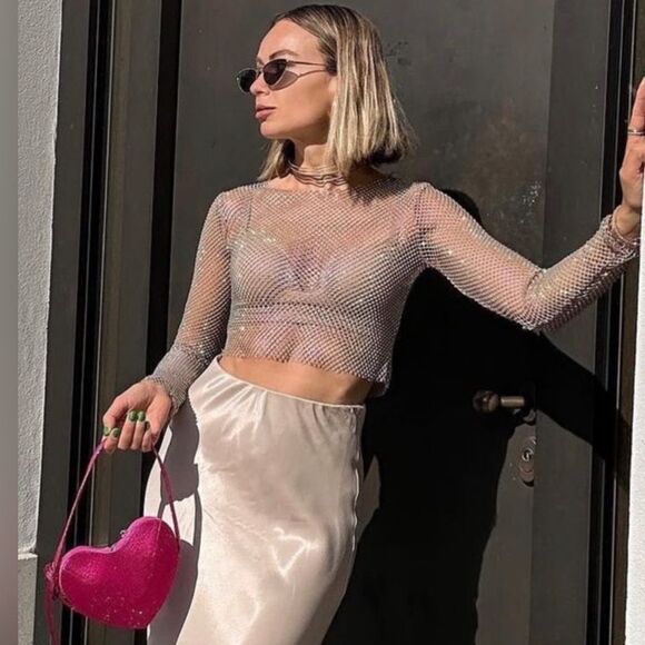 ZARA RHINESTONE MESH CROP TOP - Picture 2 of 11